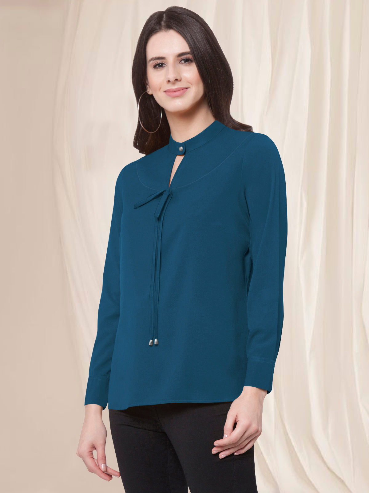 Women Turquoise Blue Keyhole Front Knot Top