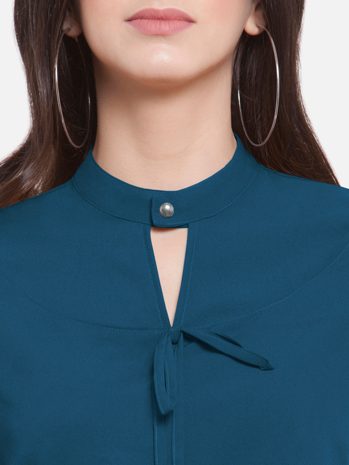 Women Turquoise Blue Keyhole Front Knot Top