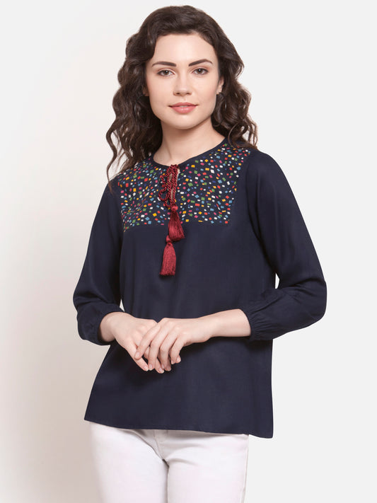 Women Navy Blue Rayon Tassel Top