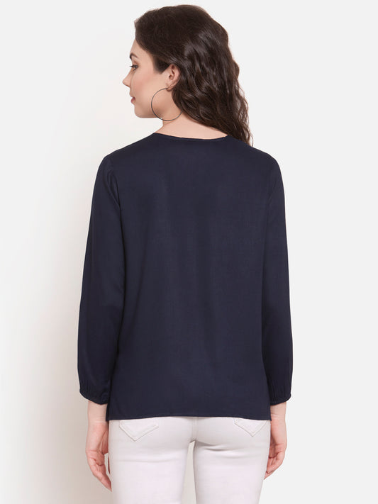 Women Navy Blue Rayon Tassel Top