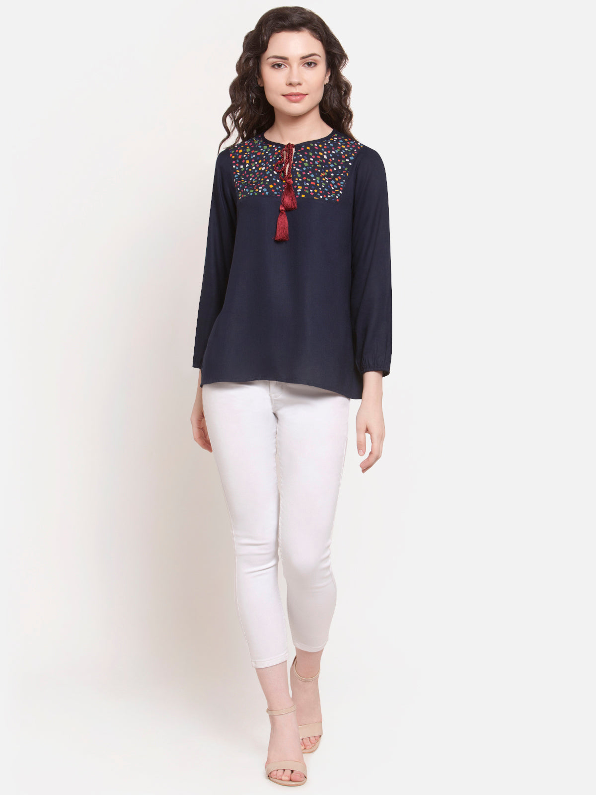 Women Navy Blue Rayon Tassel Top
