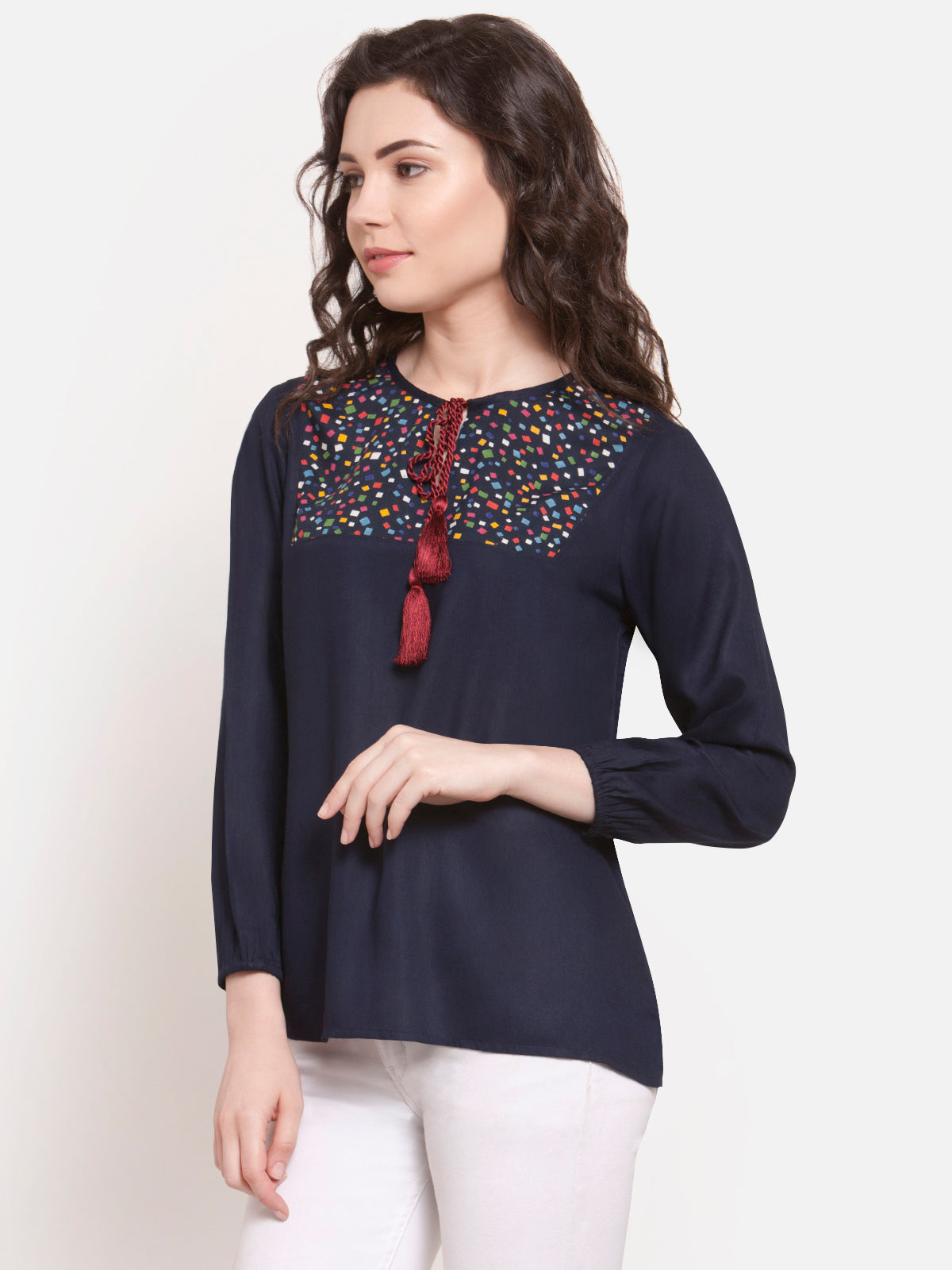 Women Navy Blue Rayon Tassel Top