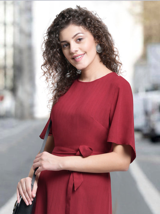 Women Maroon Flounce Sleeve Belt Dress