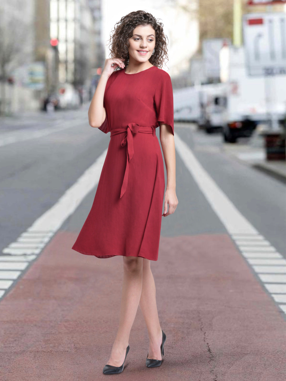 Women Maroon Flounce Sleeve Belt Dress
