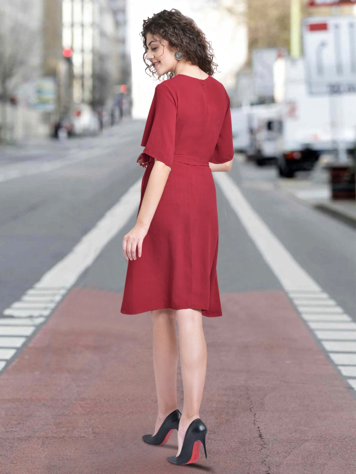 Women Maroon Flounce Sleeve Belt Dress