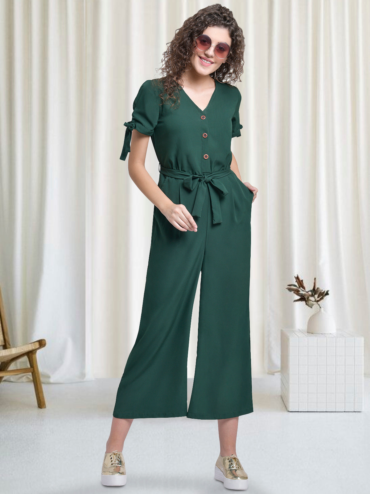 Women Green Front Buttoned Jumpsuit