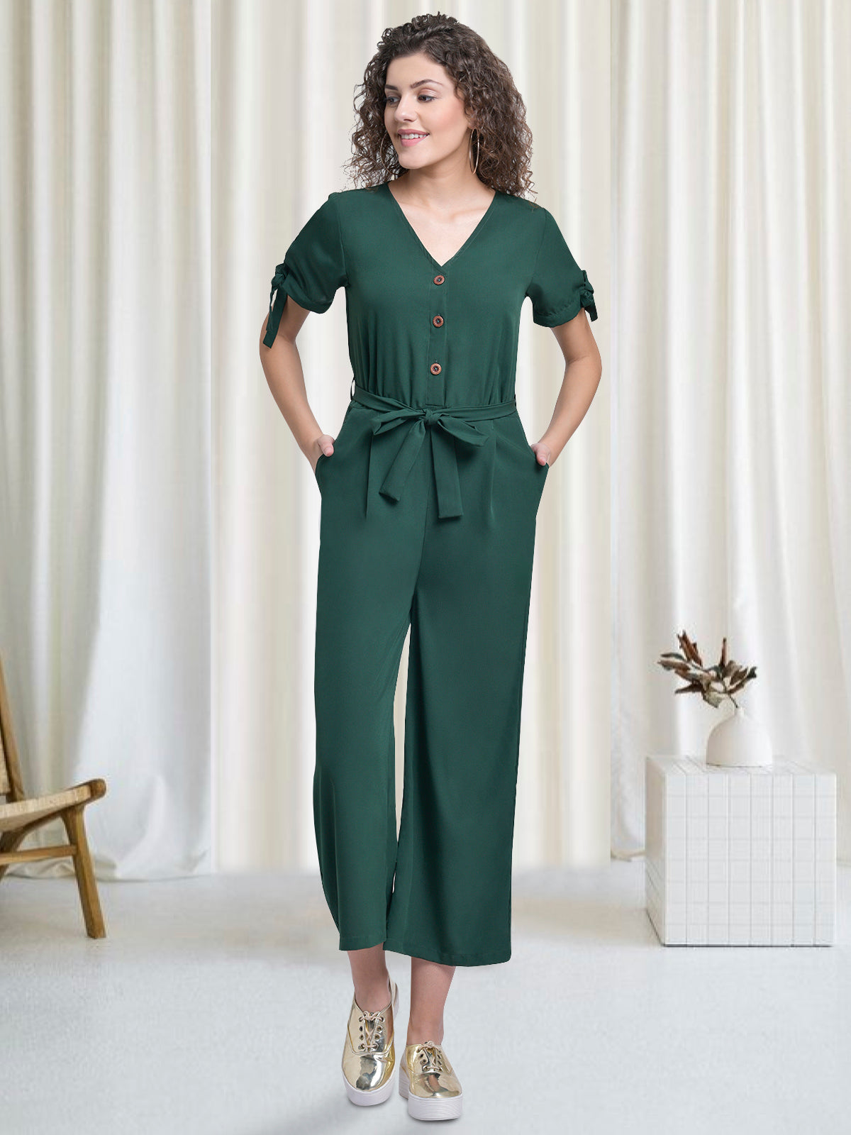 Women Green Front Buttoned Jumpsuit