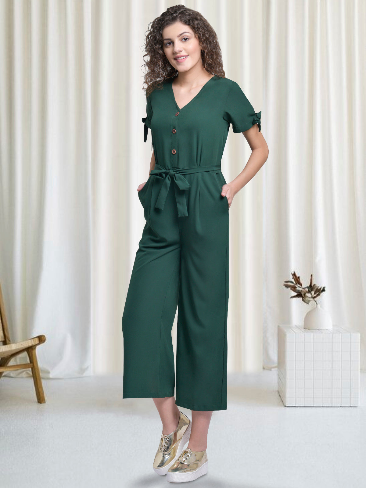 Women Green Front Buttoned Jumpsuit