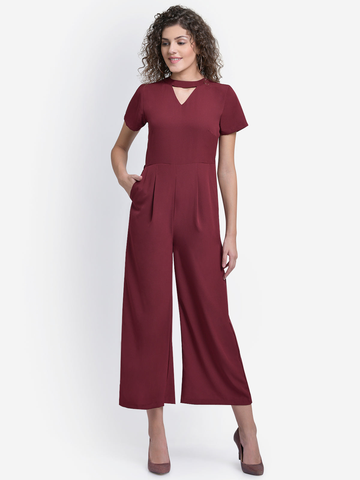 Women Maroon Choker Neck Band Jumpsuit