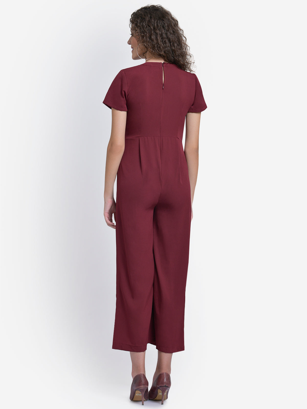 Women Maroon Choker Neck Band Jumpsuit