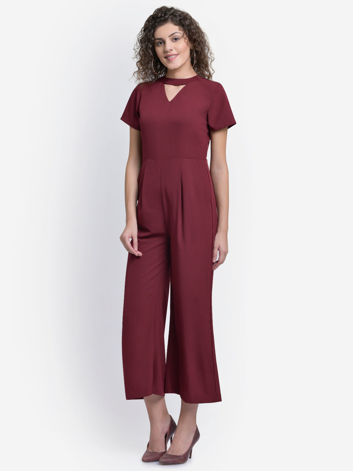 Women Maroon Choker Neck Band Jumpsuit