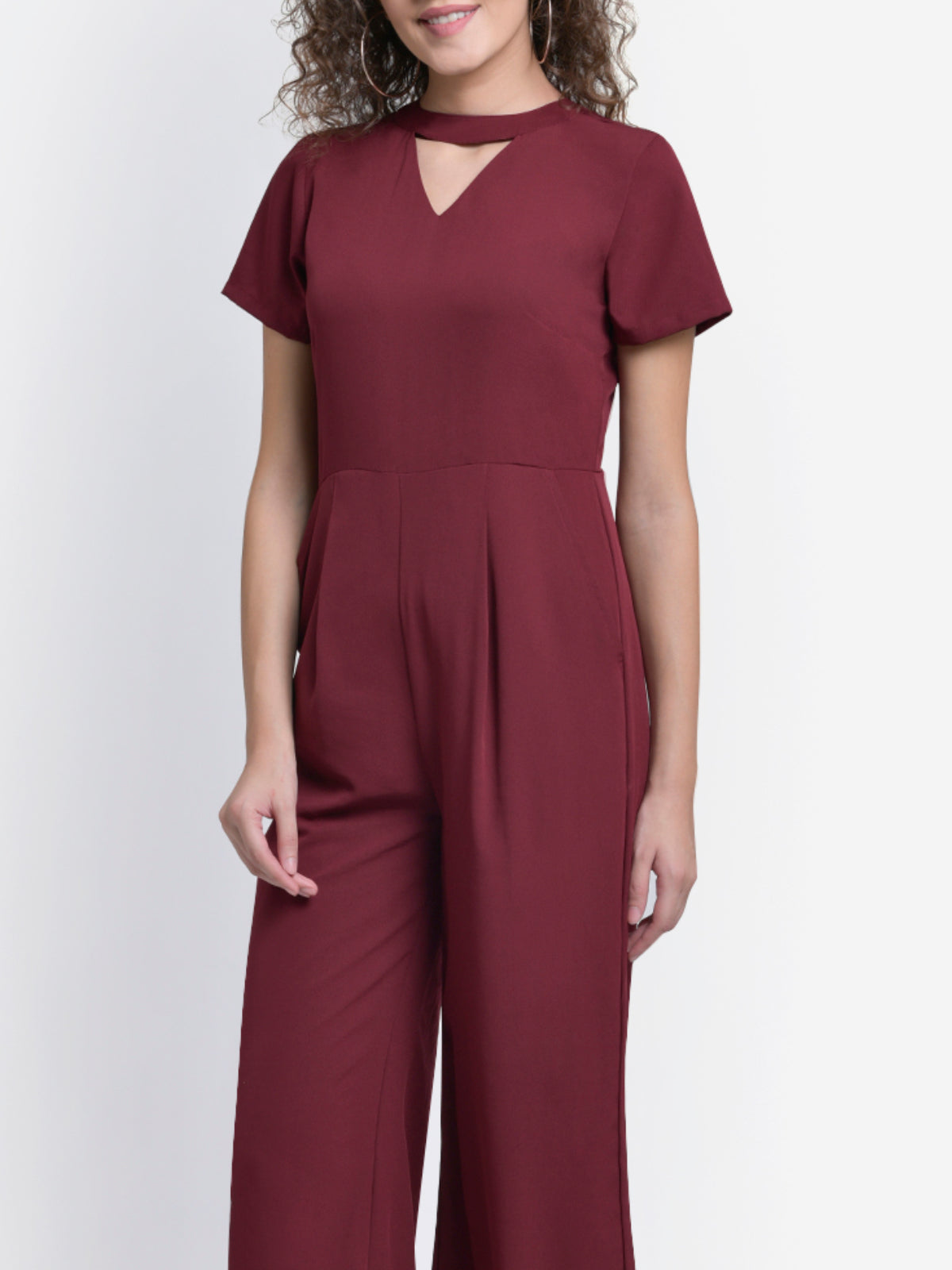Women Maroon Choker Neck Band Jumpsuit