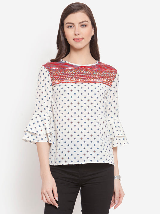 Women Off White Contrast Print Yoke Top