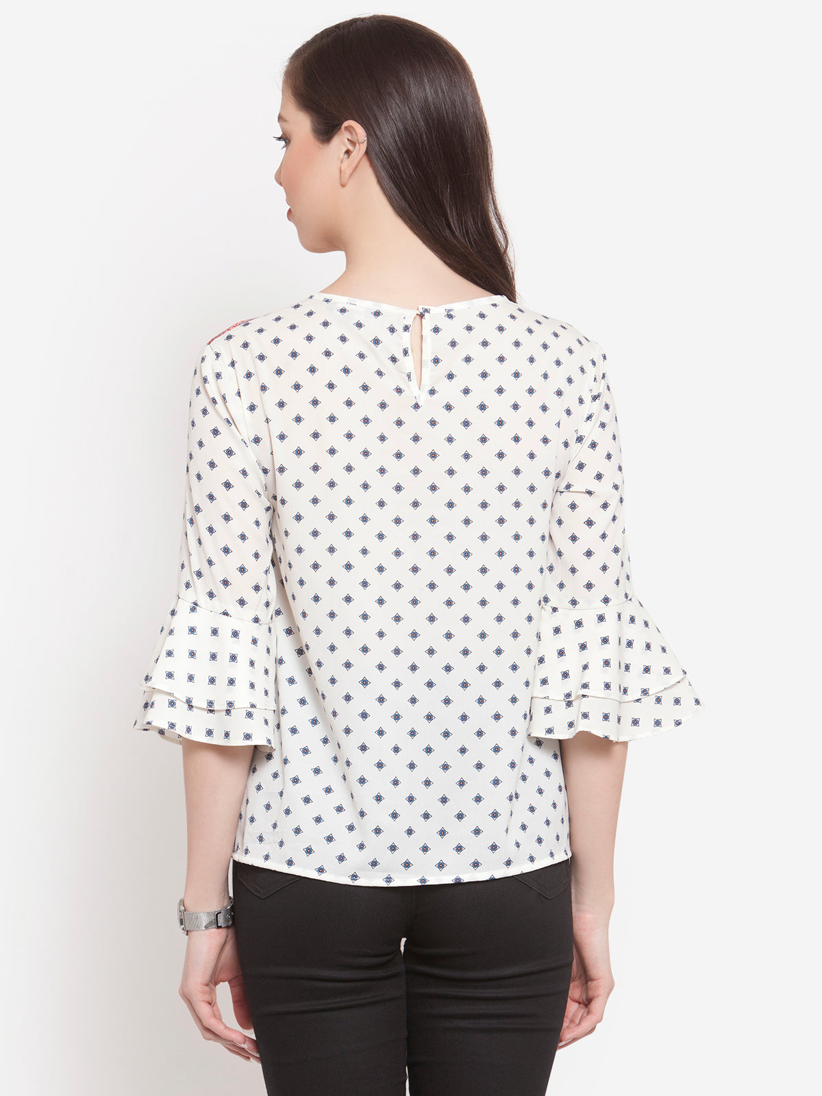 Women Off White Contrast Print Yoke Top