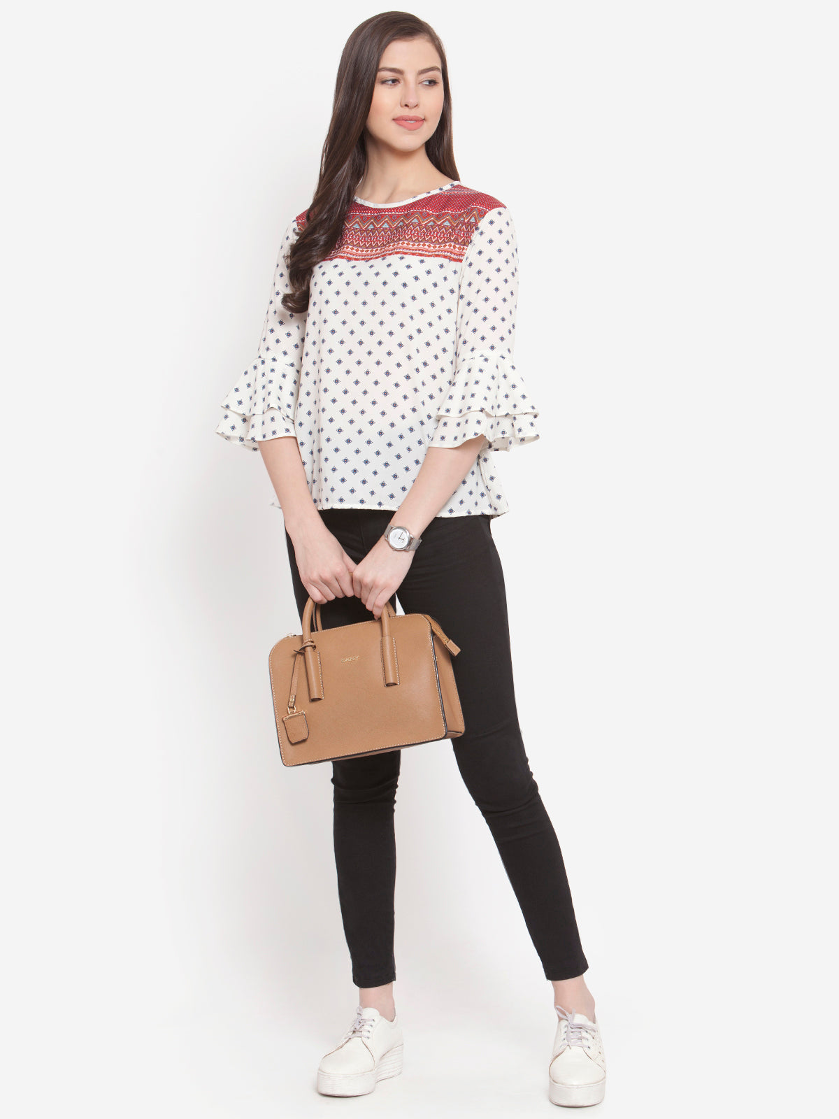 Women Off White Contrast Print Yoke Top