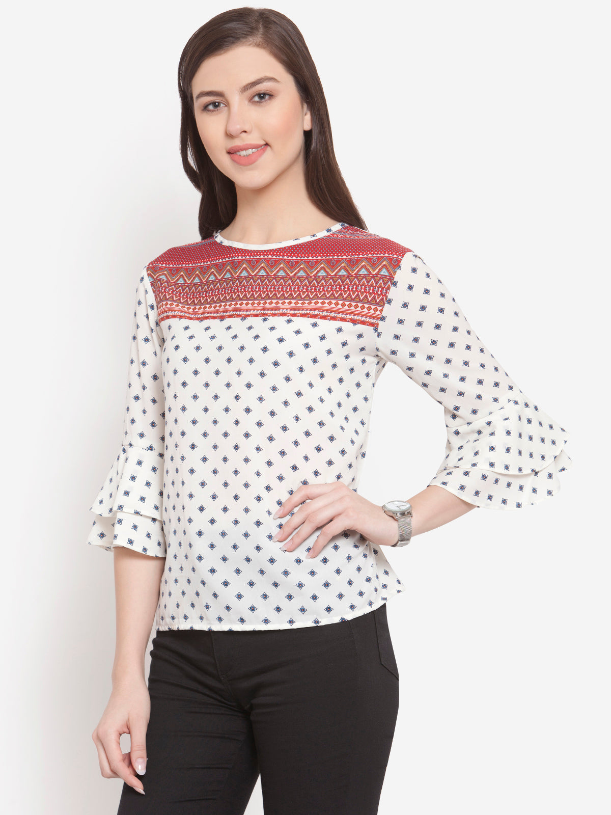 Women Off White Contrast Print Yoke Top