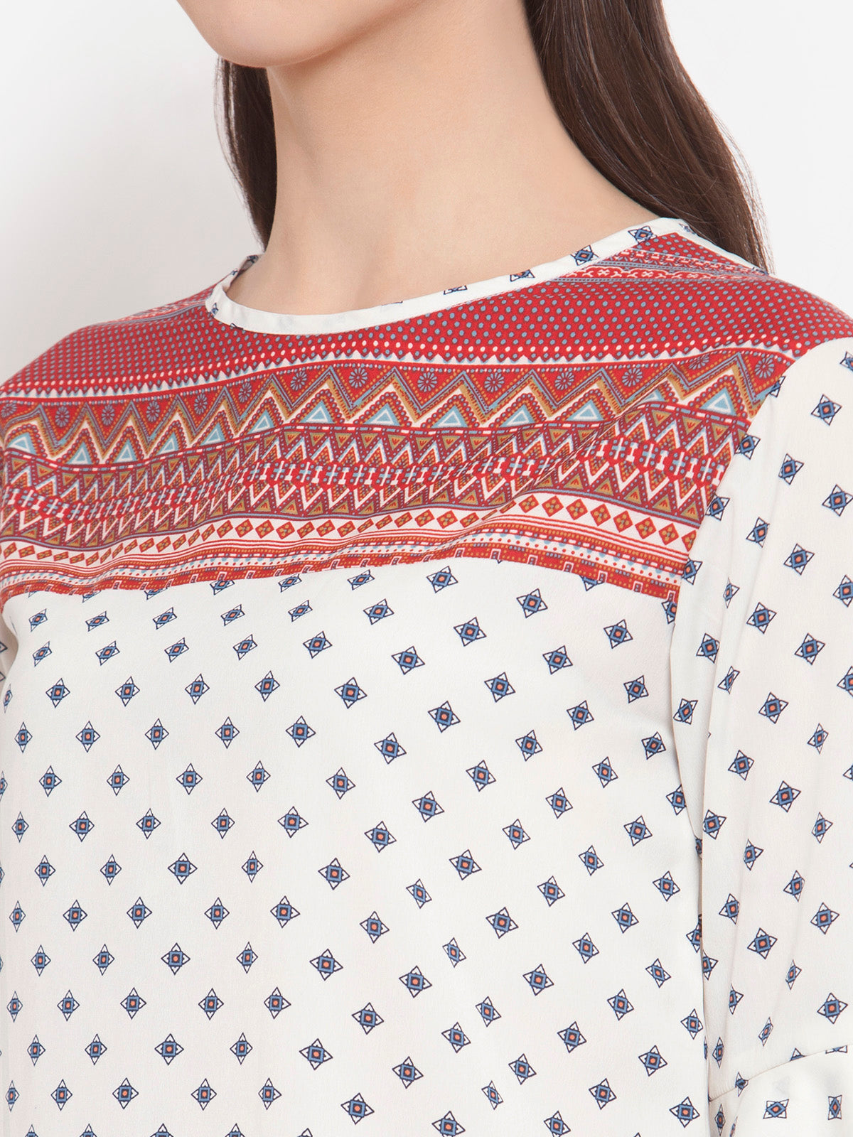 Women Off White Contrast Print Yoke Top