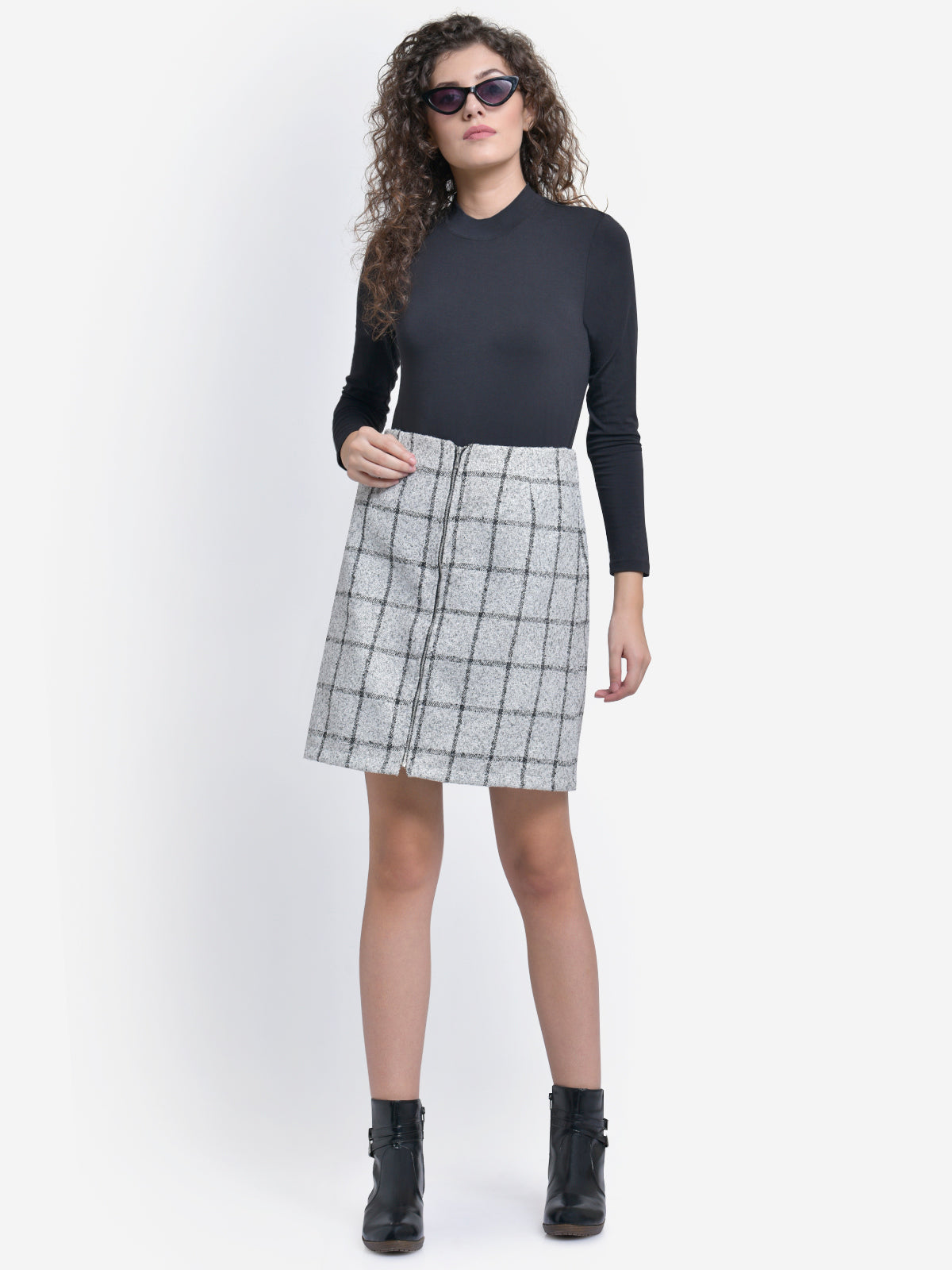Women White Check Zipper Woolen Skirt