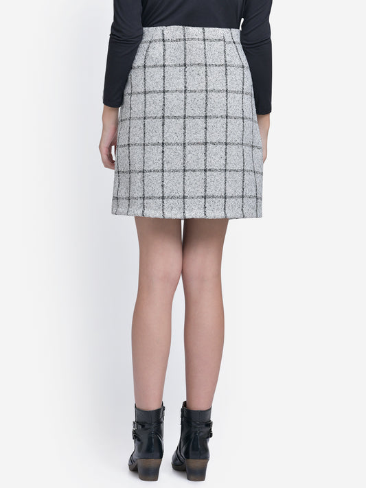 Women White Check Zipper Woolen Skirt