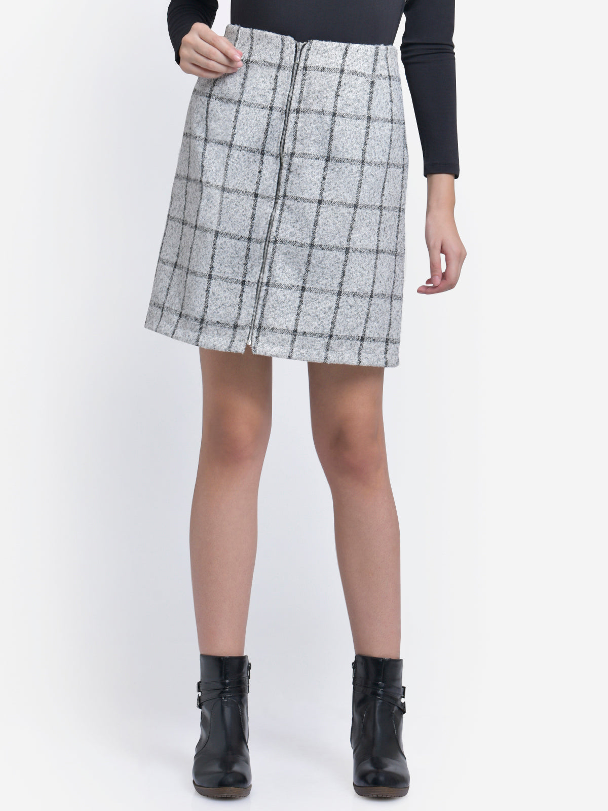 Women White Check Zipper Woolen Skirt