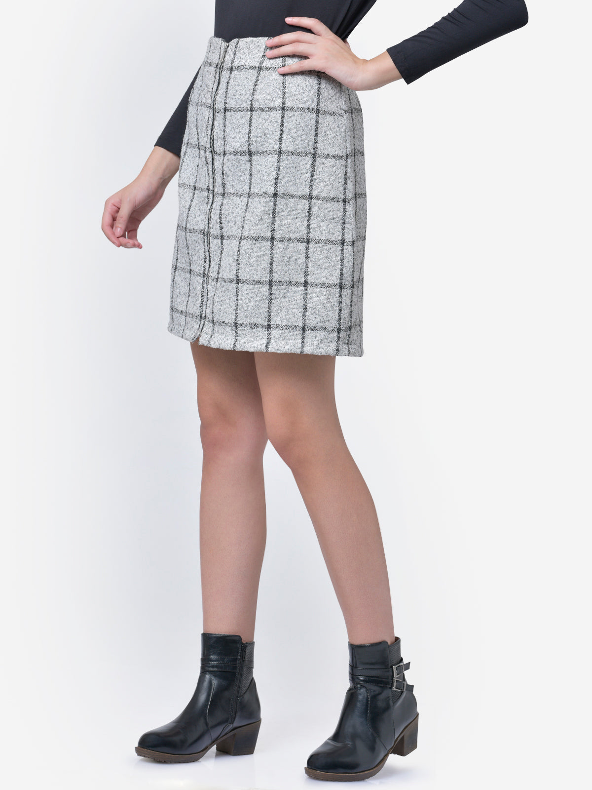 Women White Check Zipper Woolen Skirt