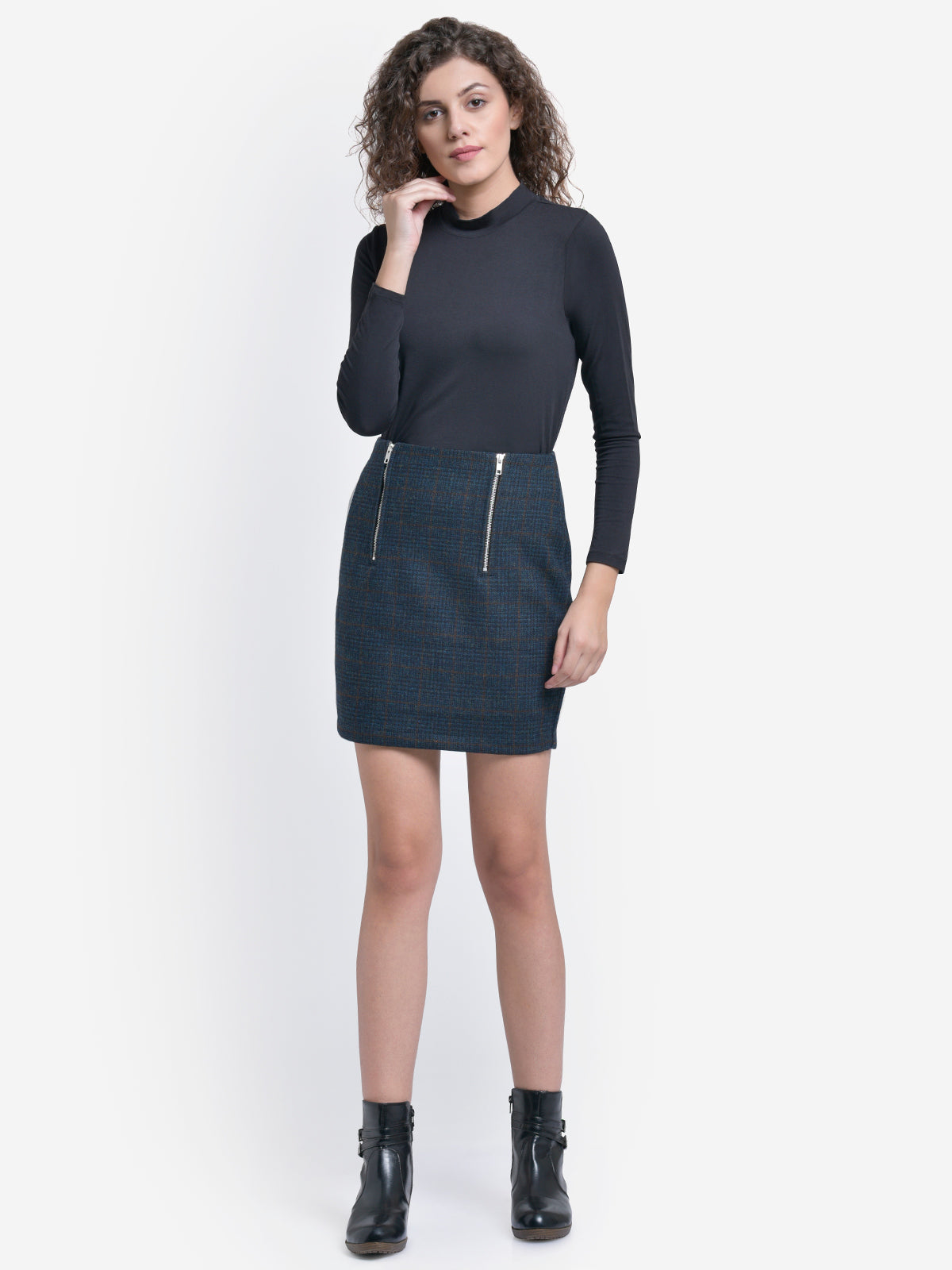 Women Blue Checks Woolen Mini Skirt