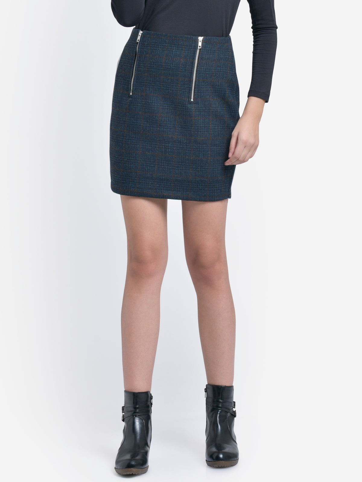 Women Blue Checks Woolen Mini Skirt