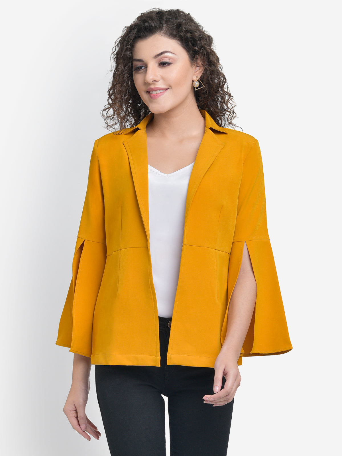 Women Mustard Yellow Slit Sleeve Blazer