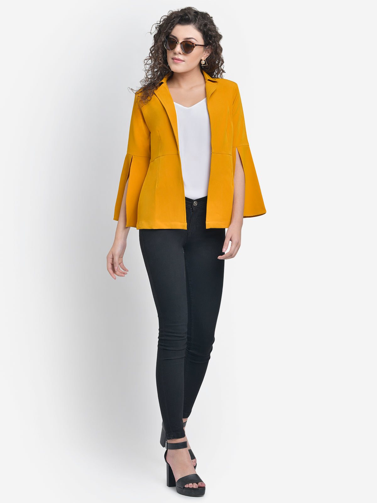 Women Mustard Yellow Slit Sleeve Blazer