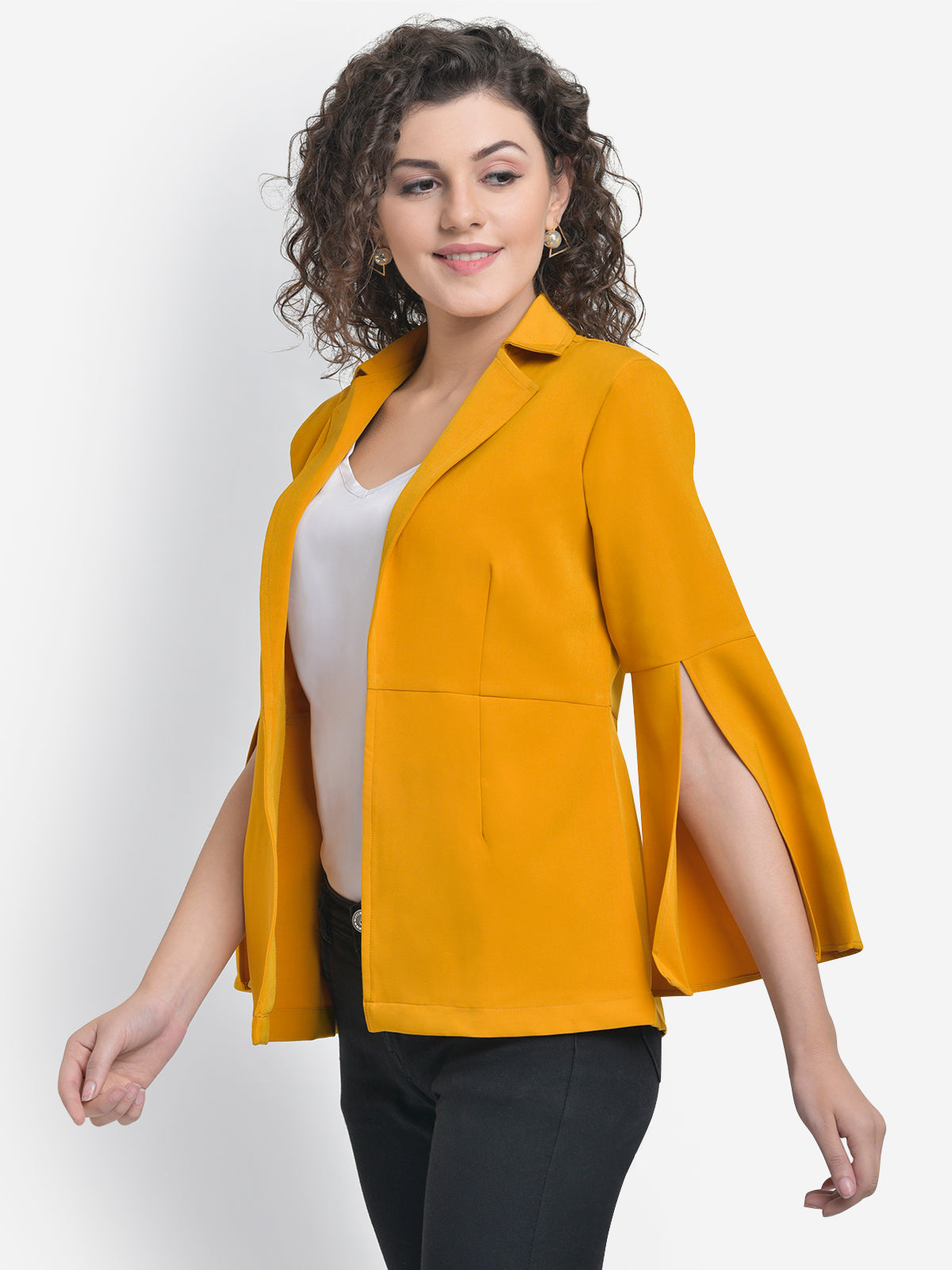 Women Mustard Yellow Slit Sleeve Blazer