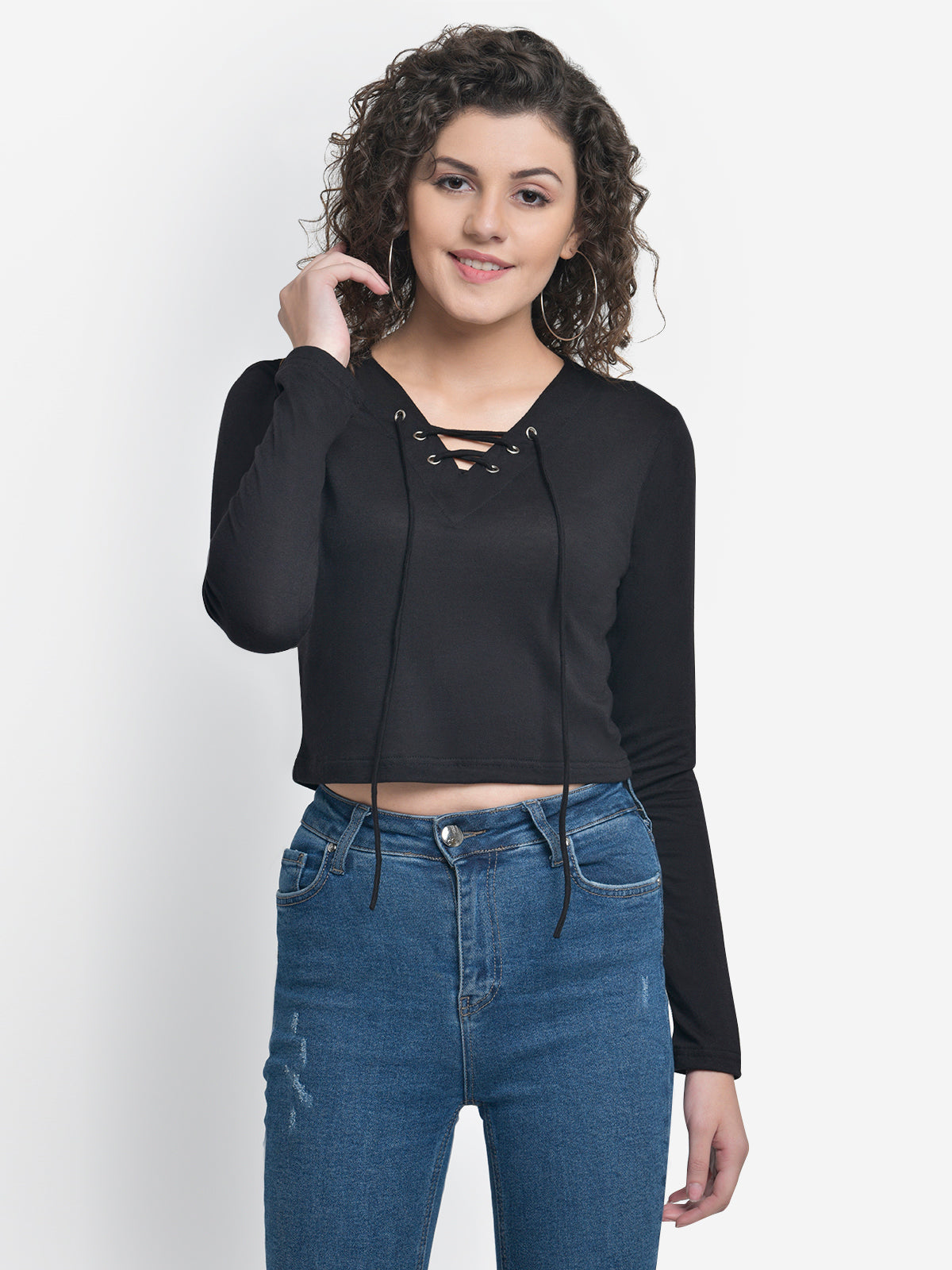 Women Black Eyelet Criss Cross Top