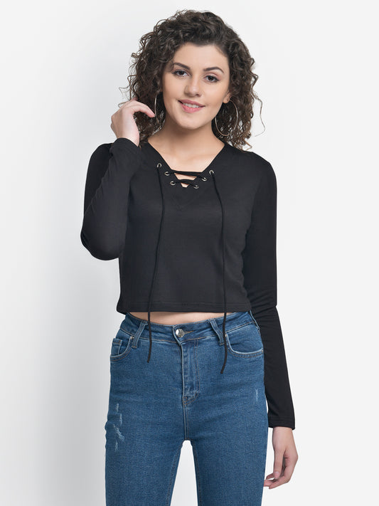 Women Black Eyelet Criss Cross Top