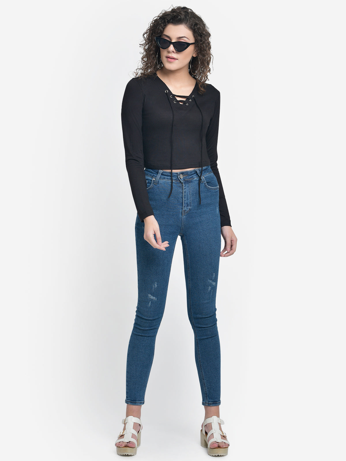 Women Black Eyelet Criss Cross Top