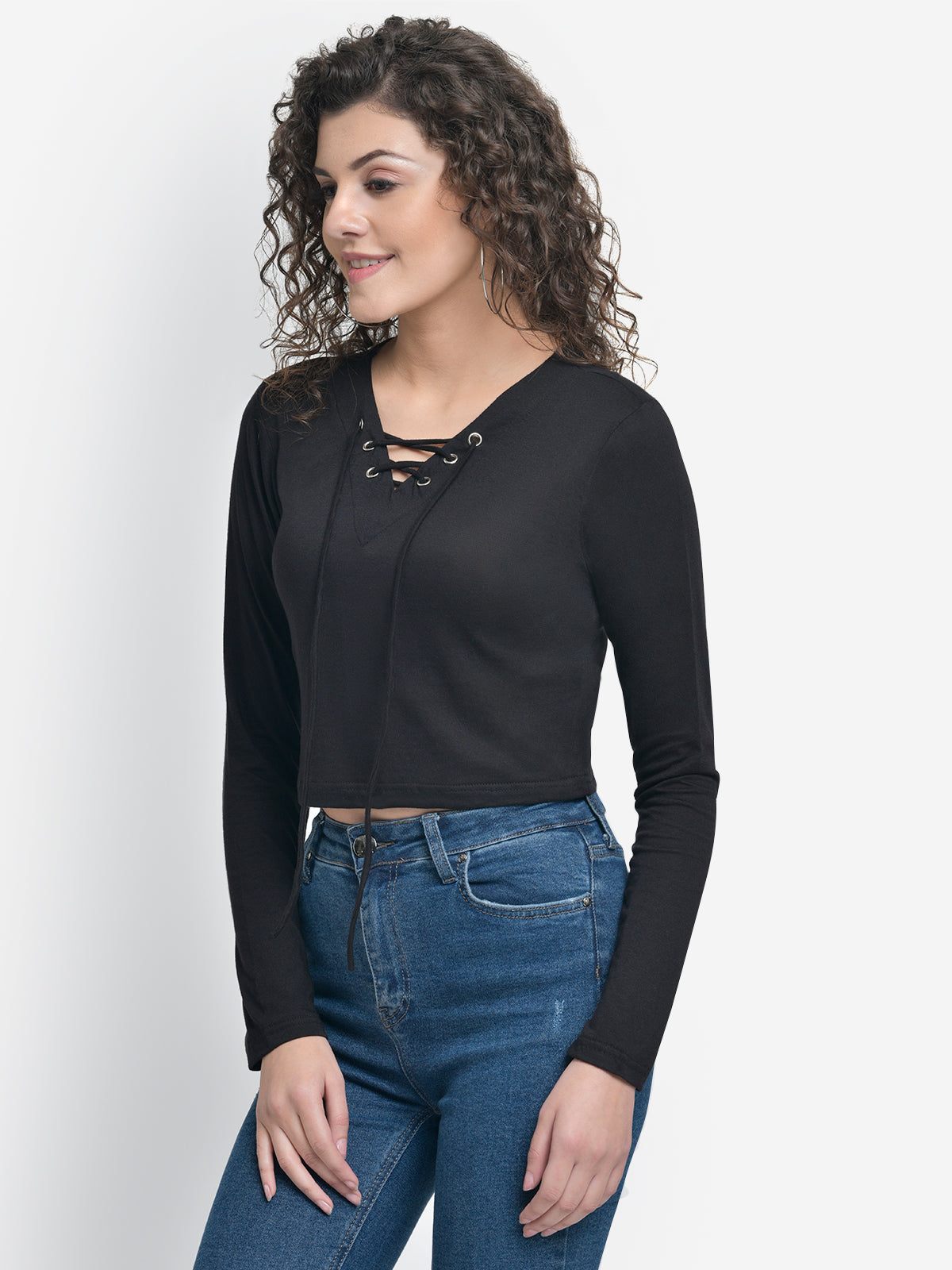 Women Black Eyelet Criss Cross Top