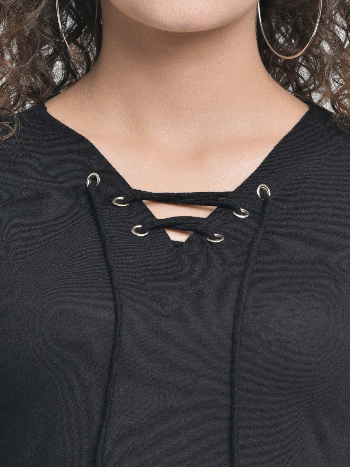 Women Black Eyelet Criss Cross Top