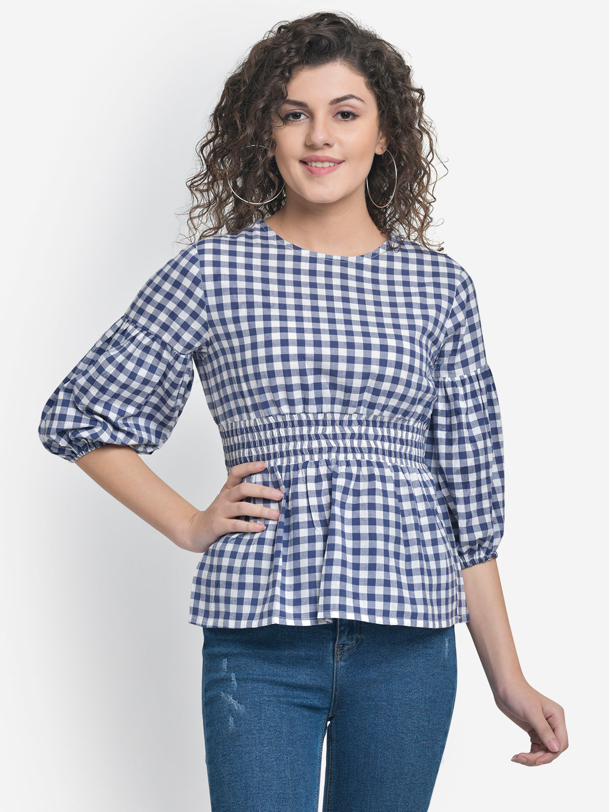 Women Blue White Smocked Checks Cotton Top
