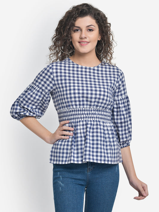 Women Blue White Smocked Checks Cotton Top