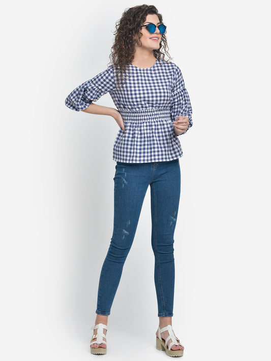 Women Blue White Smocked Checks Cotton Top