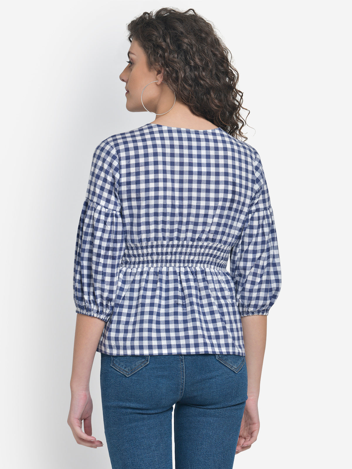 Women Blue White Smocked Checks Cotton Top