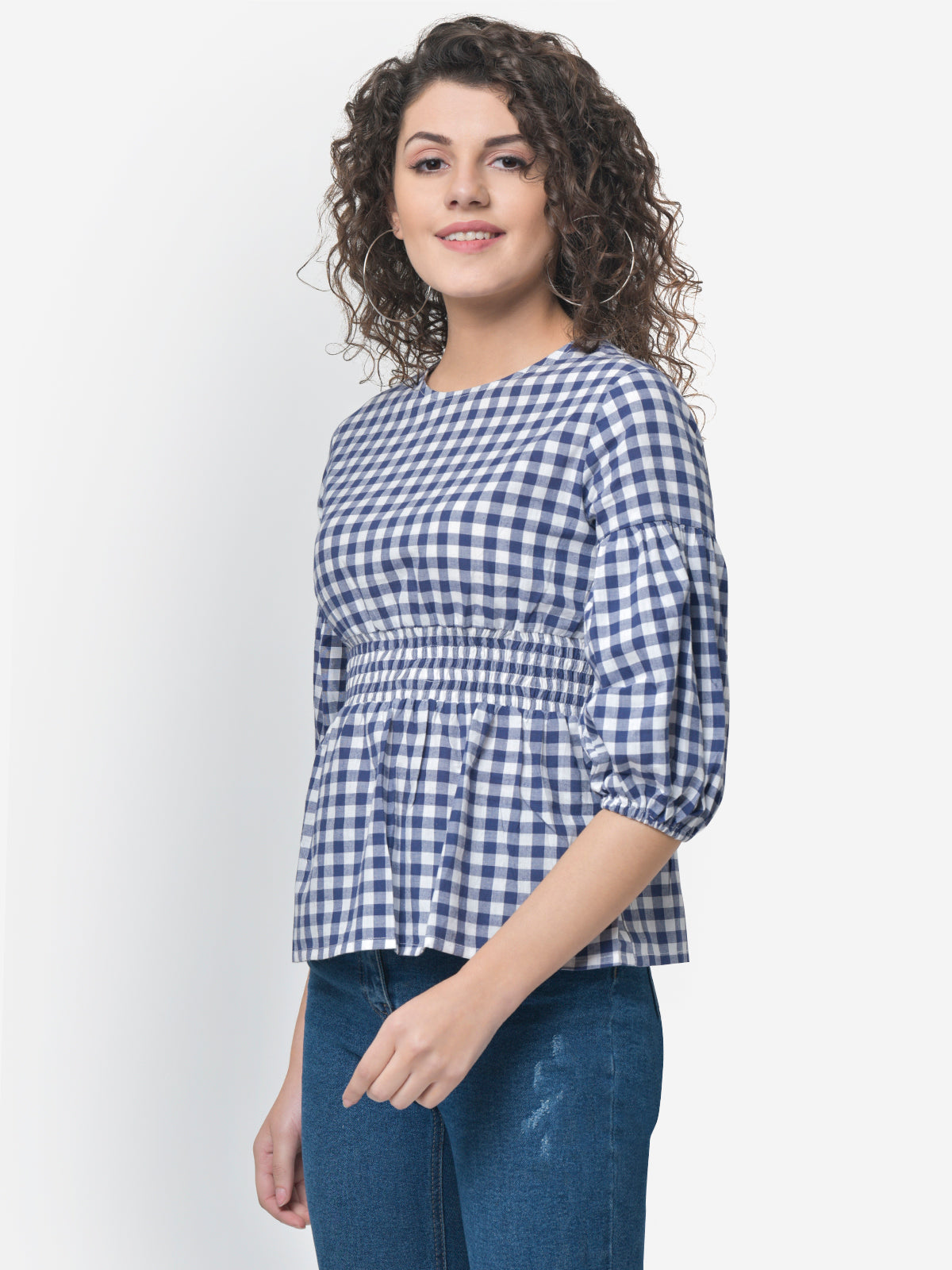 Women Blue White Smocked Checks Cotton Top
