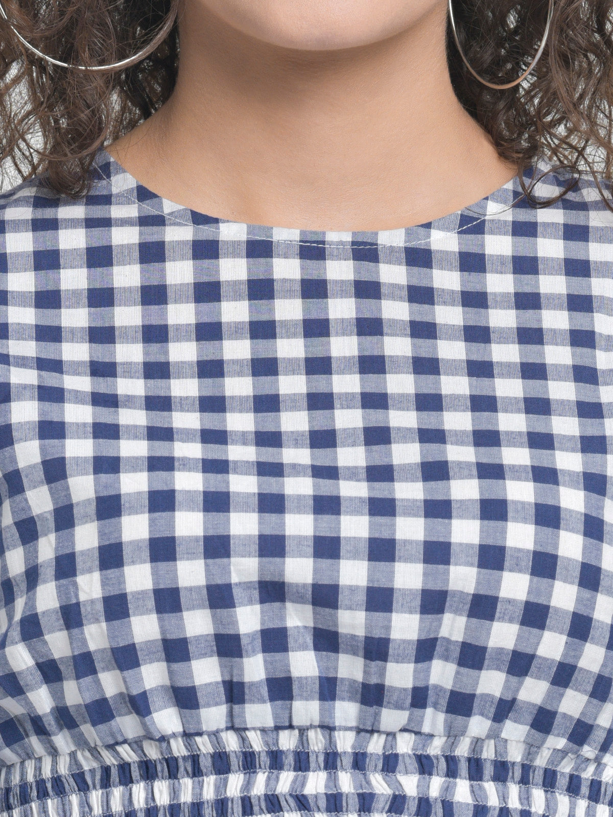 Women Blue White Smocked Checks Cotton Top