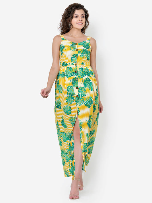 Women Leaf Print Maxi Dress