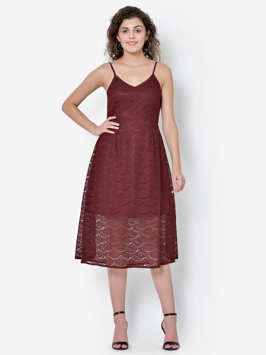 Women Maroon Lace Midi Dress
