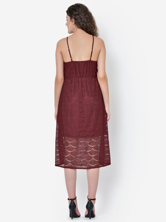 Women Maroon Lace Midi Dress