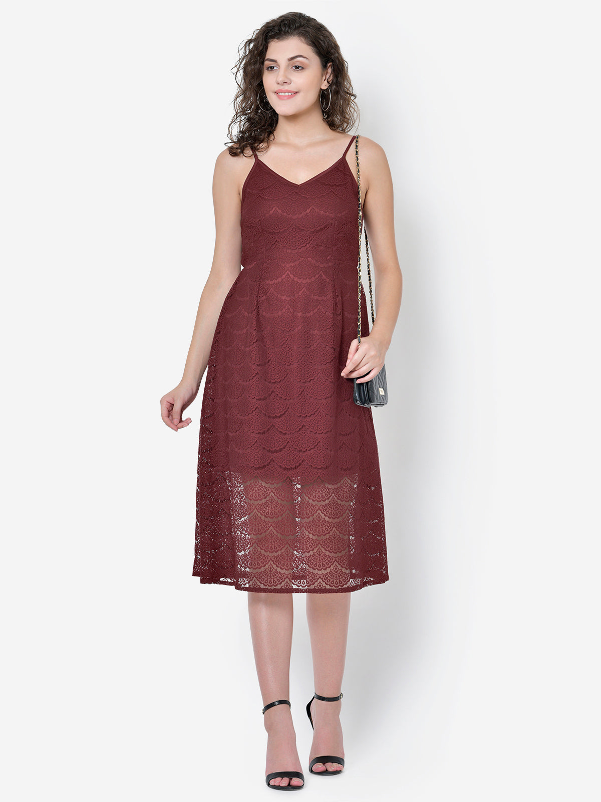 Women Maroon Lace Midi Dress