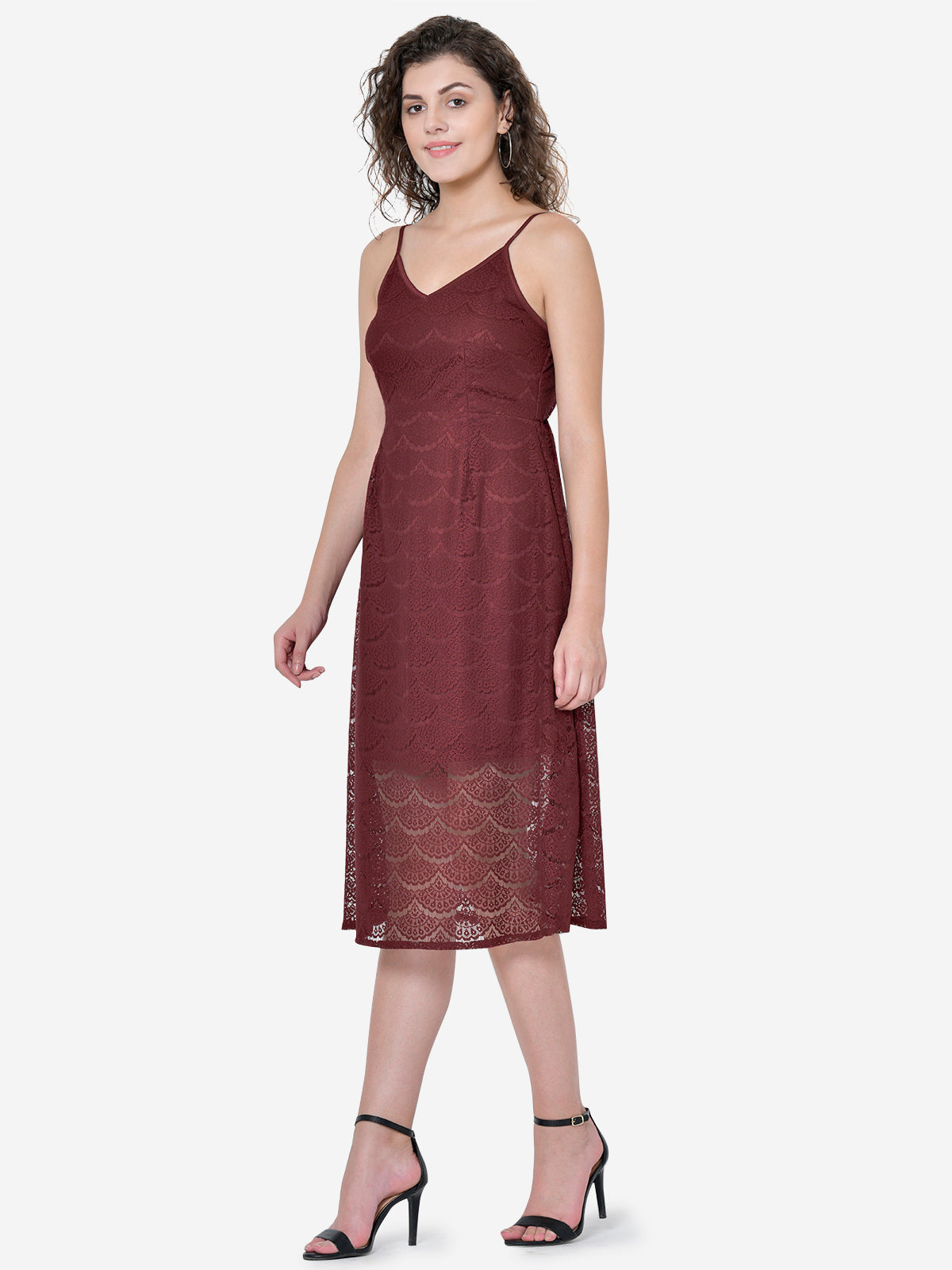 Women Maroon Lace Midi Dress