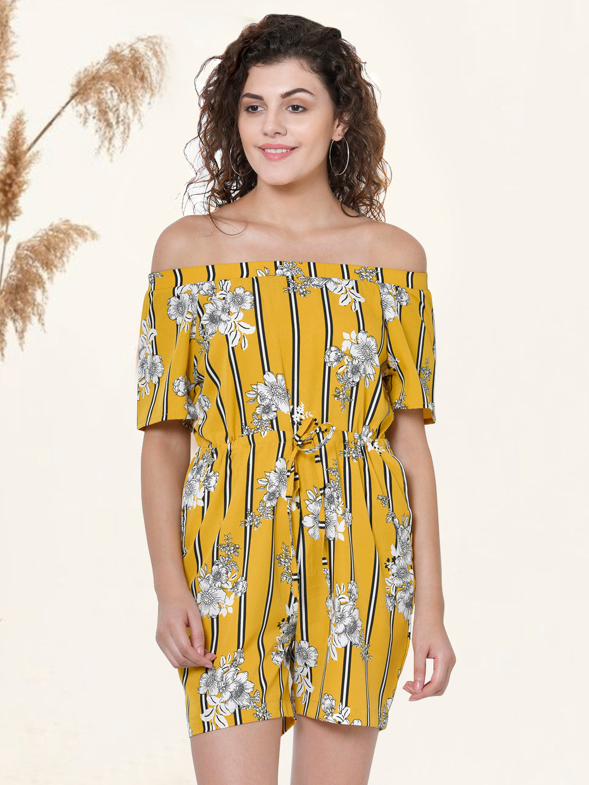 Women Yellow Off Shoulder Stripe Playsuit
