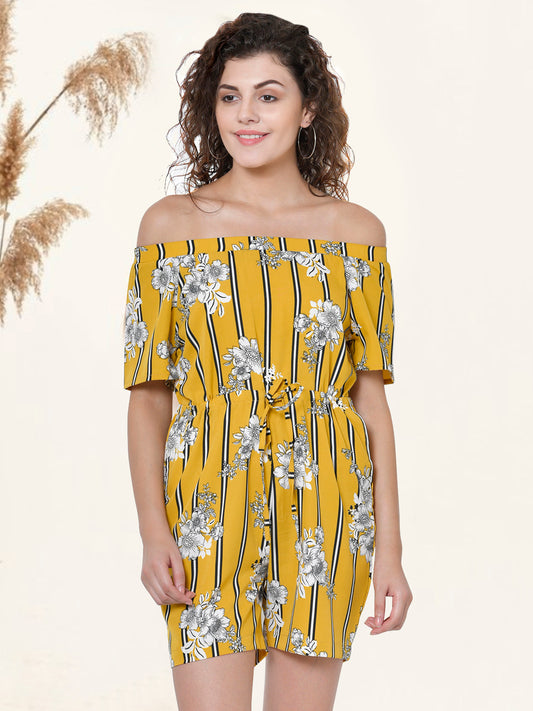 Women Yellow Off Shoulder Stripe Playsuit