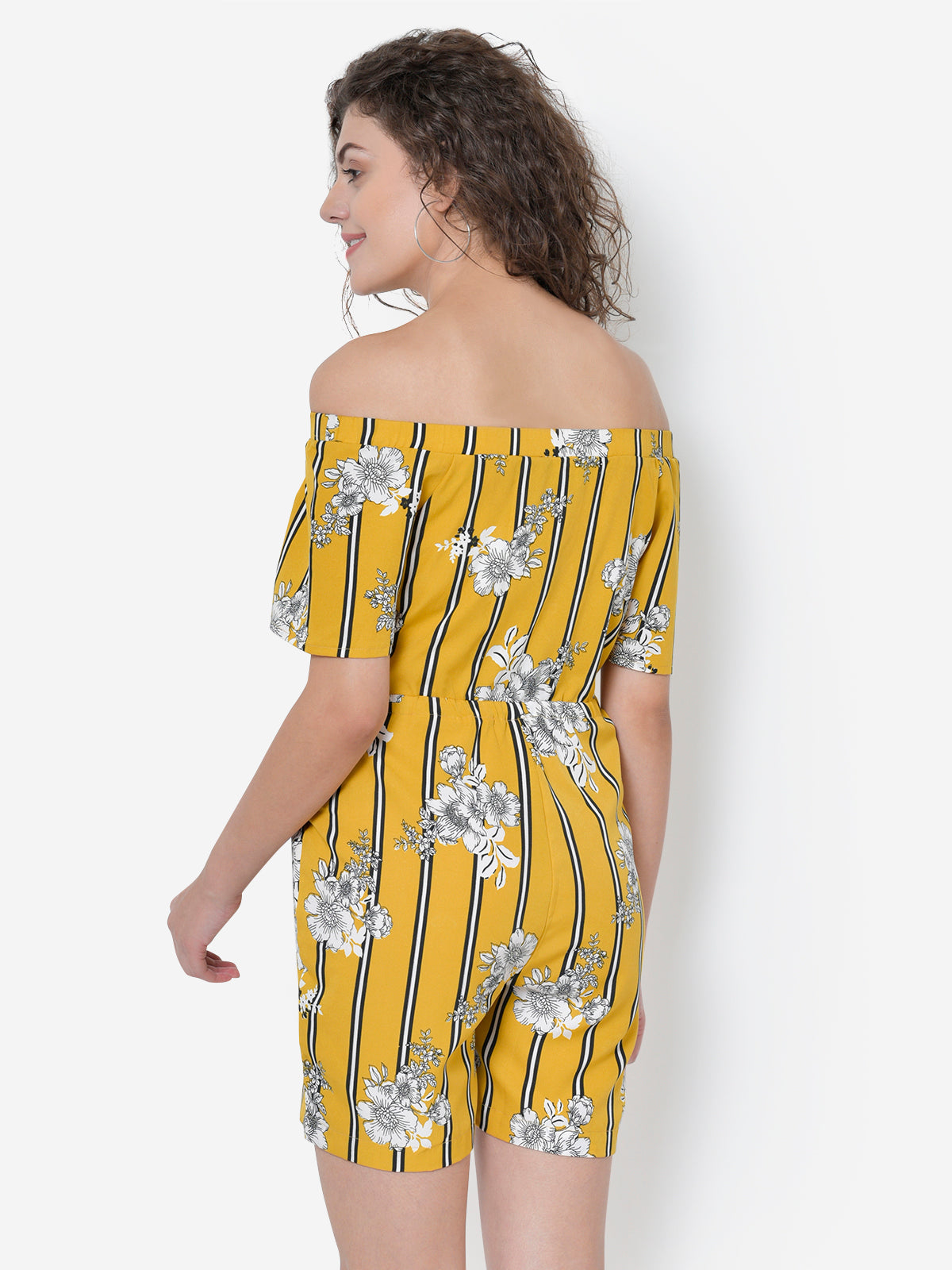 Women Yellow Off Shoulder Stripe Playsuit