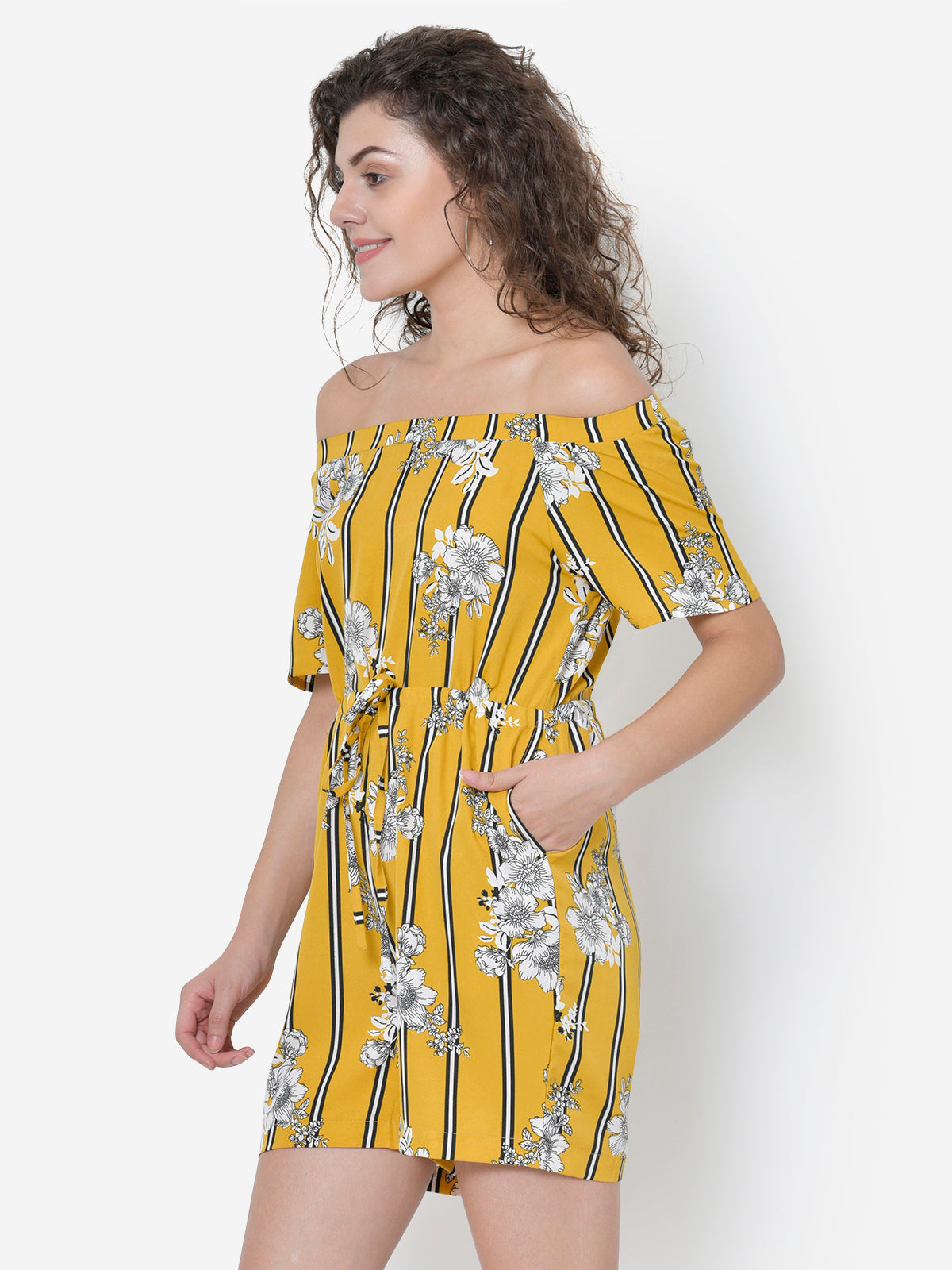 Women Yellow Off Shoulder Stripe Playsuit